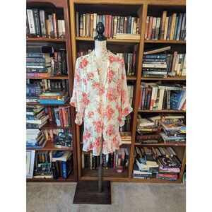 Betsey Johnson Women’s Large Pink Cream Floral Dainty Kimono Cardigan Sheer